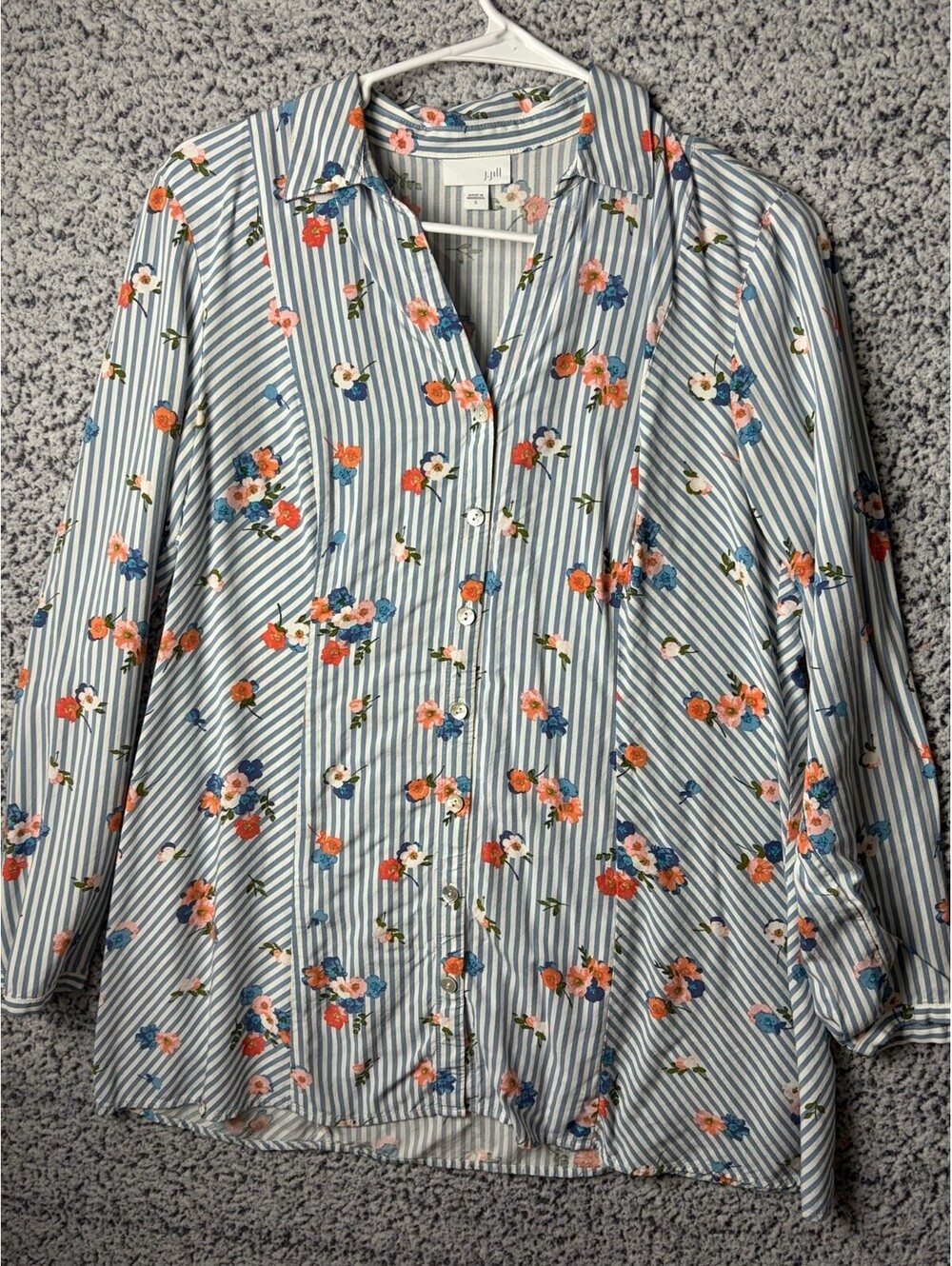 J.Jill Womens S Blue White Stripe Floral Button Down Tunic Shirt 100% Rayon